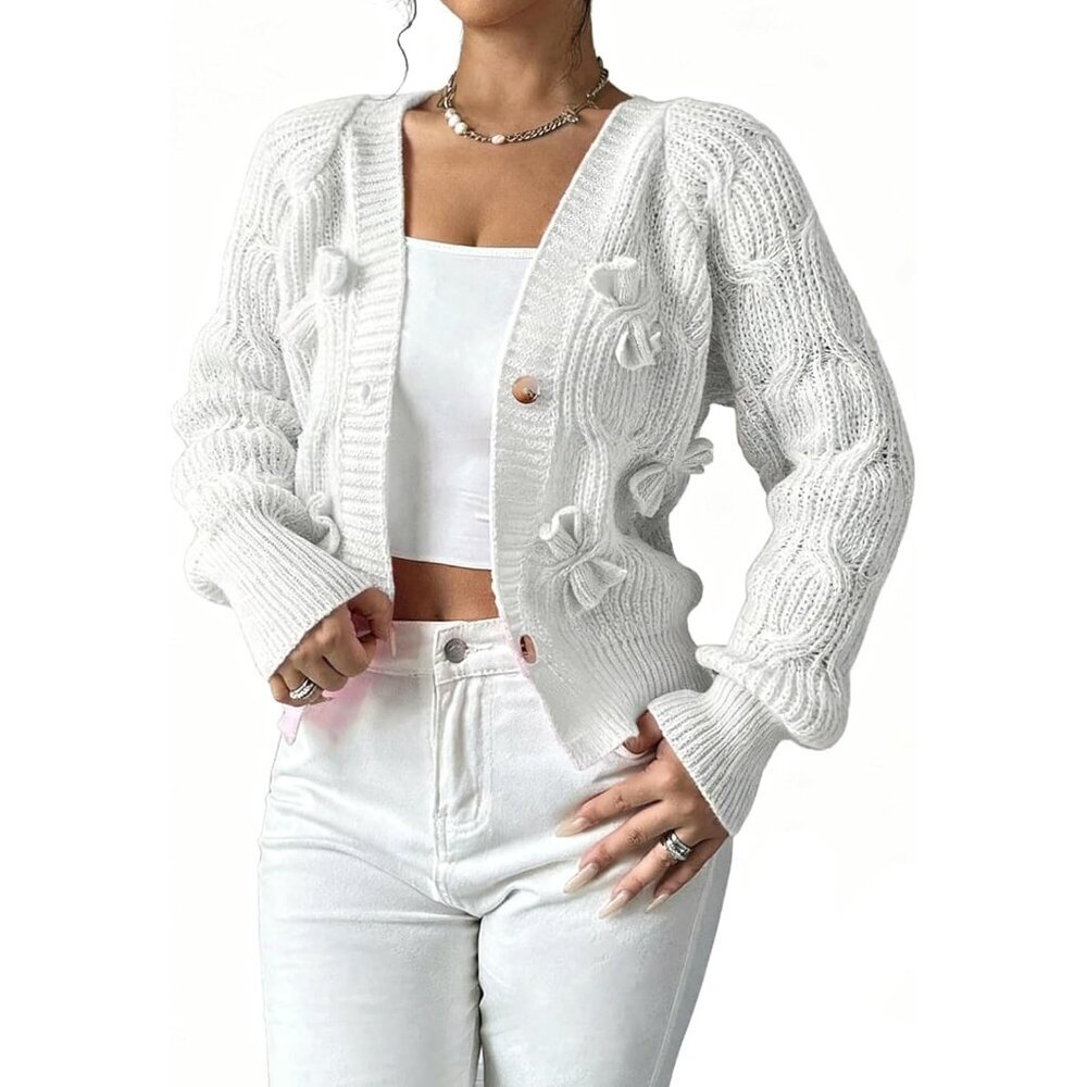 Women's Chunky Long Sleeve Cardigan With Bow Button Front Sweater Outerwear